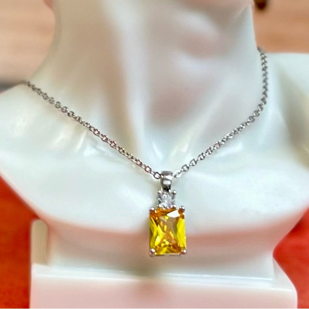 Radiant Emerald-Cut Citrine Necklace With Cz Accent